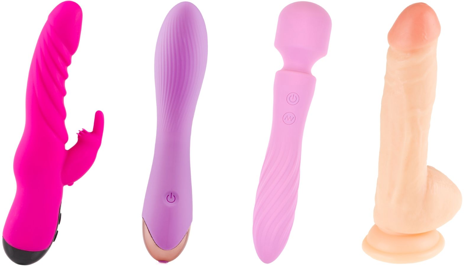 Quatre sextoys : vibrateur rose, vibrateur violet, vibrateur rose et dildo beige.