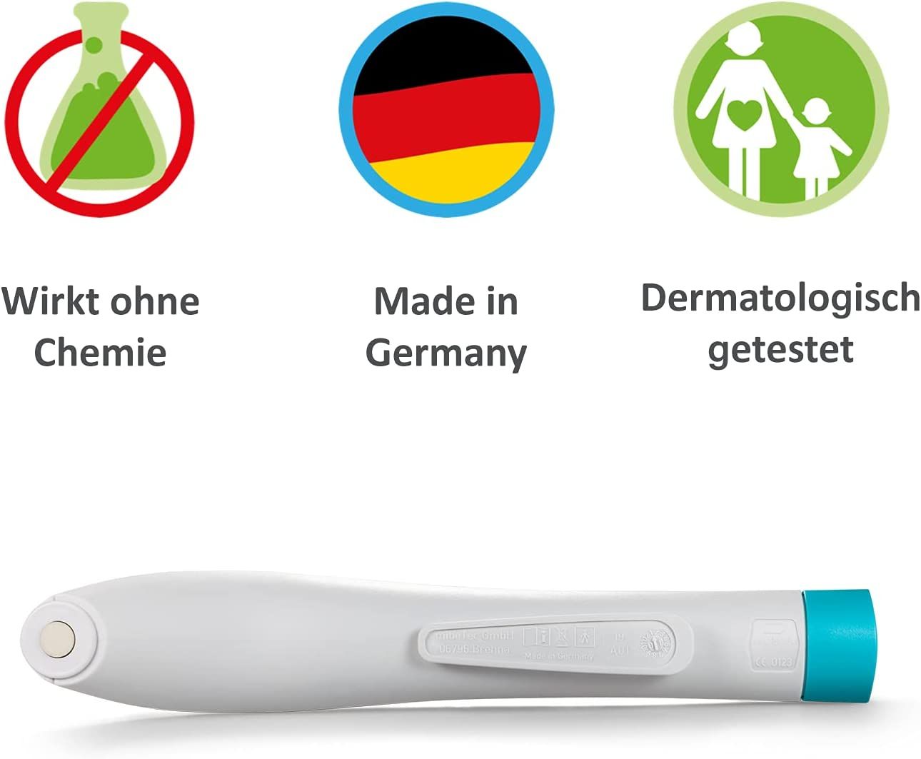 Apparaat met blauwe knoppen en punt. Logo's: 'Werkt zonder chemie', 'Made in Germany', 'Dermatologisch getest'.