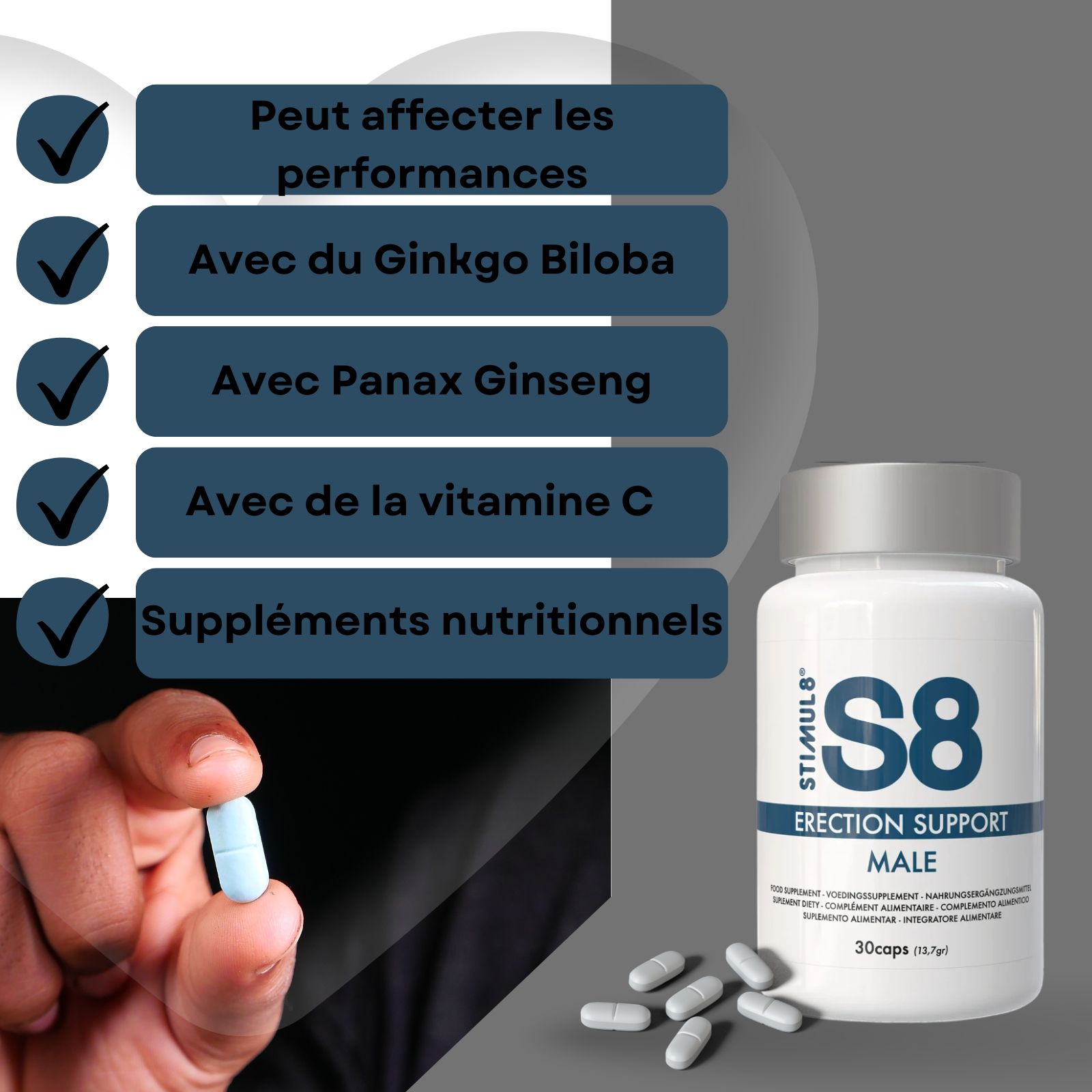 Flacon et comprimé bleu. Texte : Peut affecter les performances, avec Ginkgo Biloba, Panax Ginseng, Vitamine C.