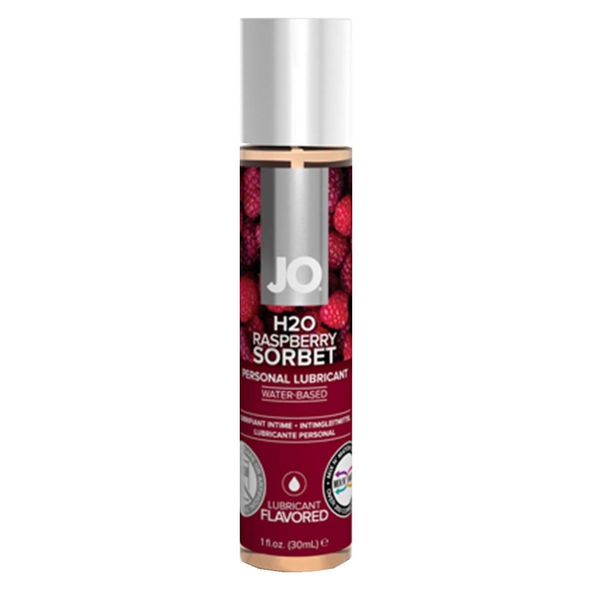Flacon cylindrique avec bouchon argenté. Inscription: JO, H2O Raspberry Sorbet, Personal Lubricant, Water Based. Fond rouge avec framboises.