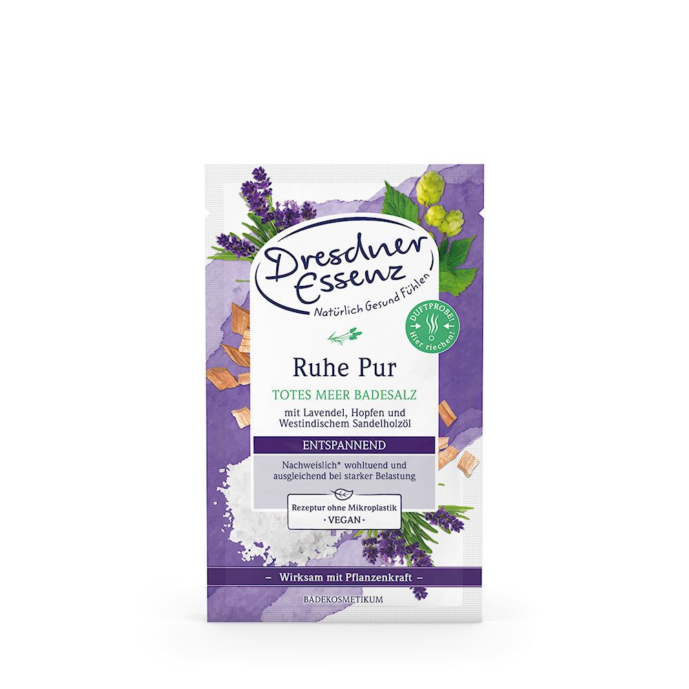 Sachet de sels de bain Dresdner Essenz Ruhe Pur. Emballage violet avec illustrations de lavande et de houblon.