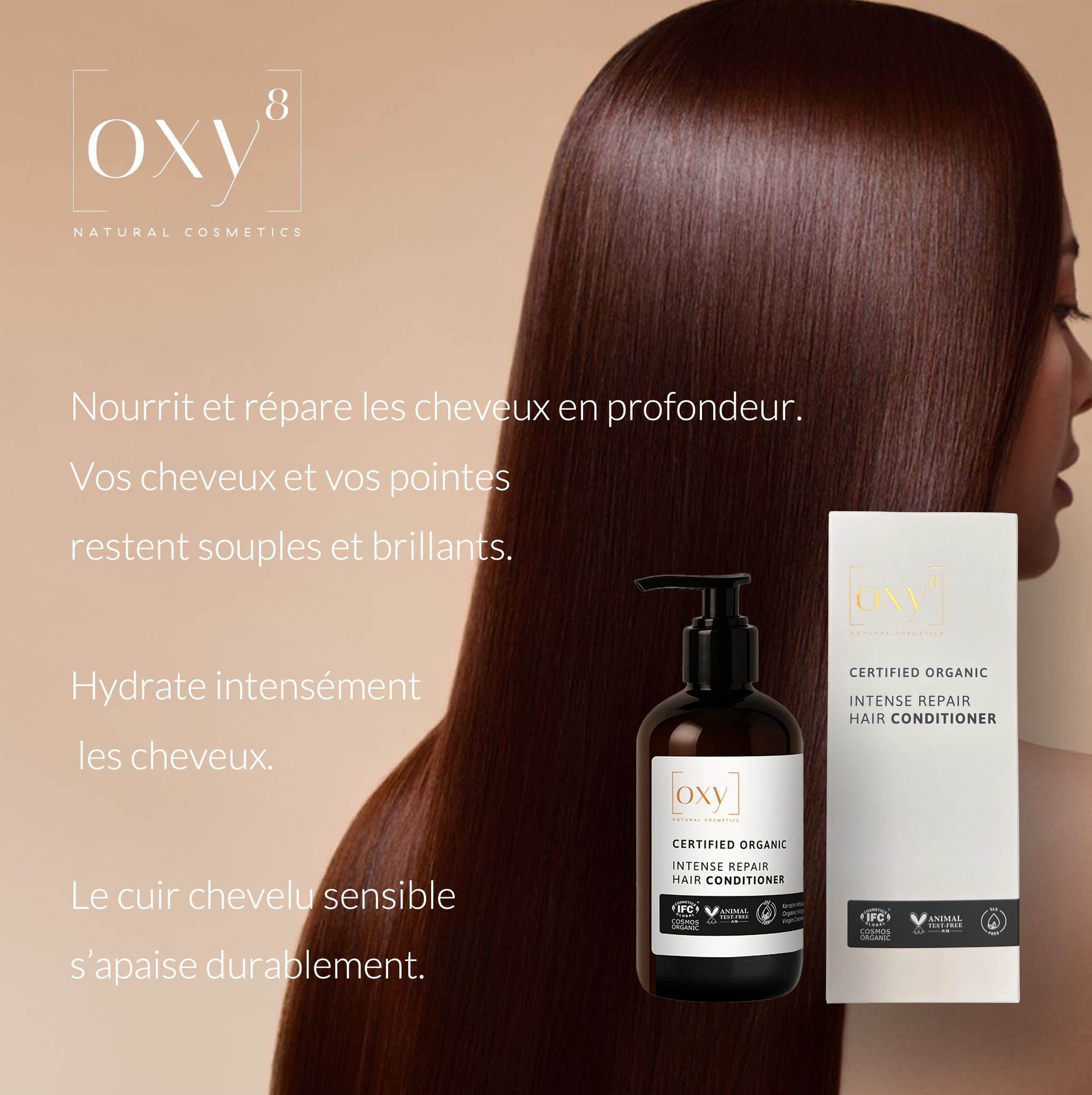 Femme aux longs cheveux bruns. Flacon et emballage du produit avec texte: INTENSE REPAIR HAIR CONDITIONER.
