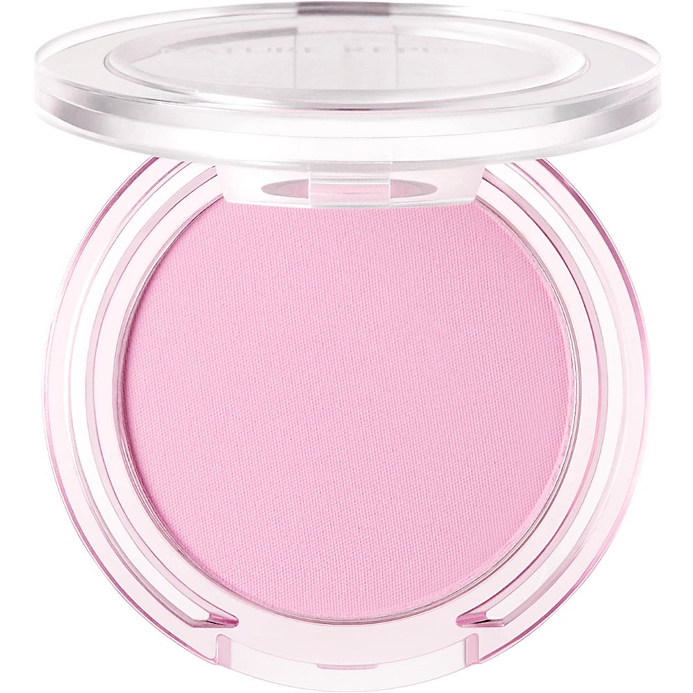Blush rond rose. Couvercle transparent. Ouvert.