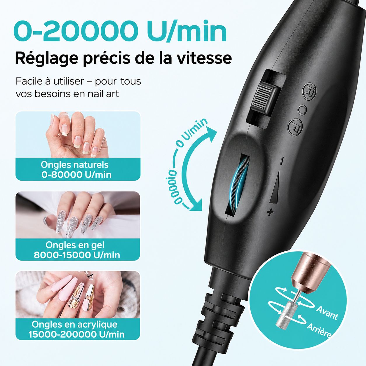 Limeuse électrique pour ongles avec contrôle de vitesse variable de 0 à 20000 tr/min pour différents types d'ongles.