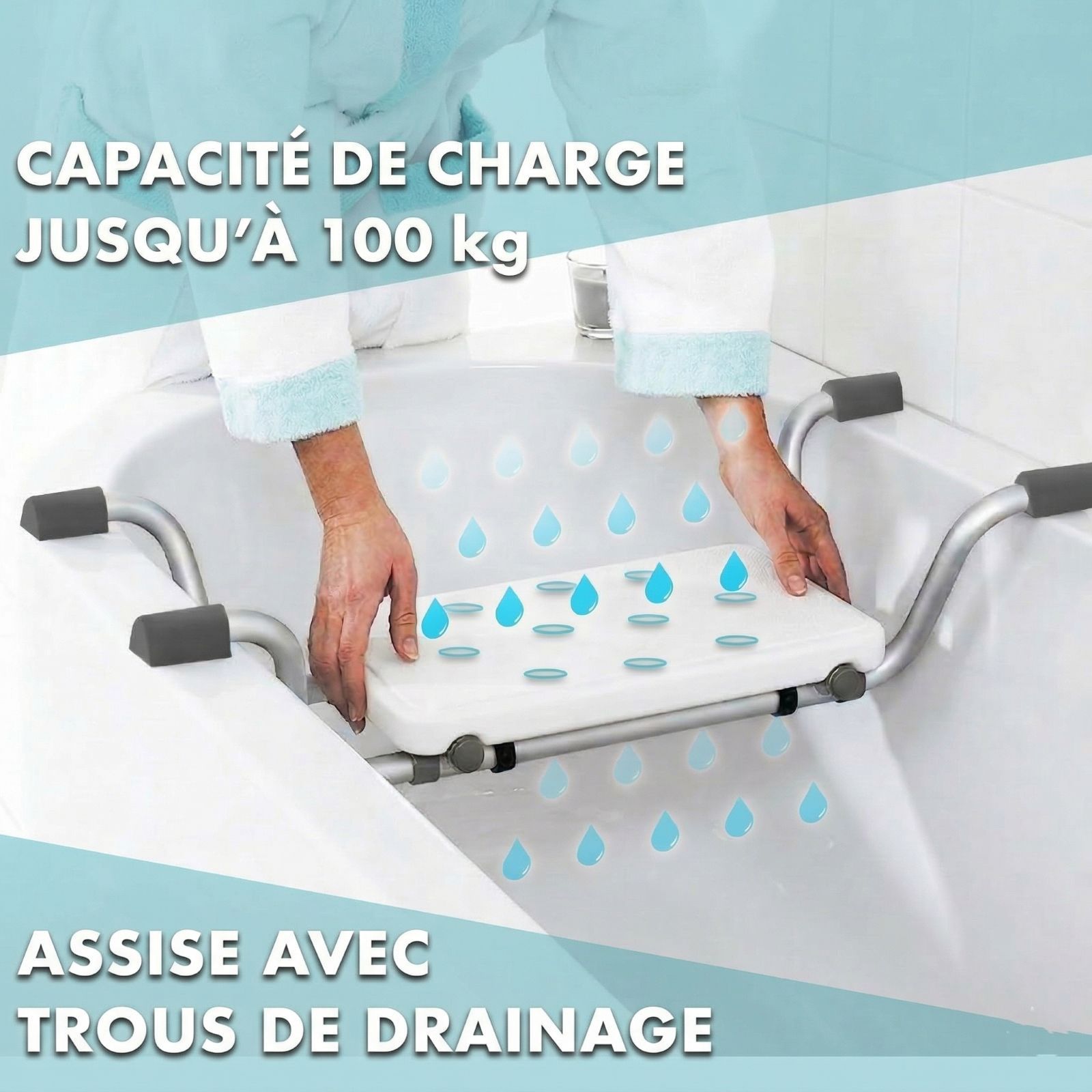 Siège de baignoire, capacité de charge jusqu'à 100 kg. Avec drainage. Dans la baignoire.