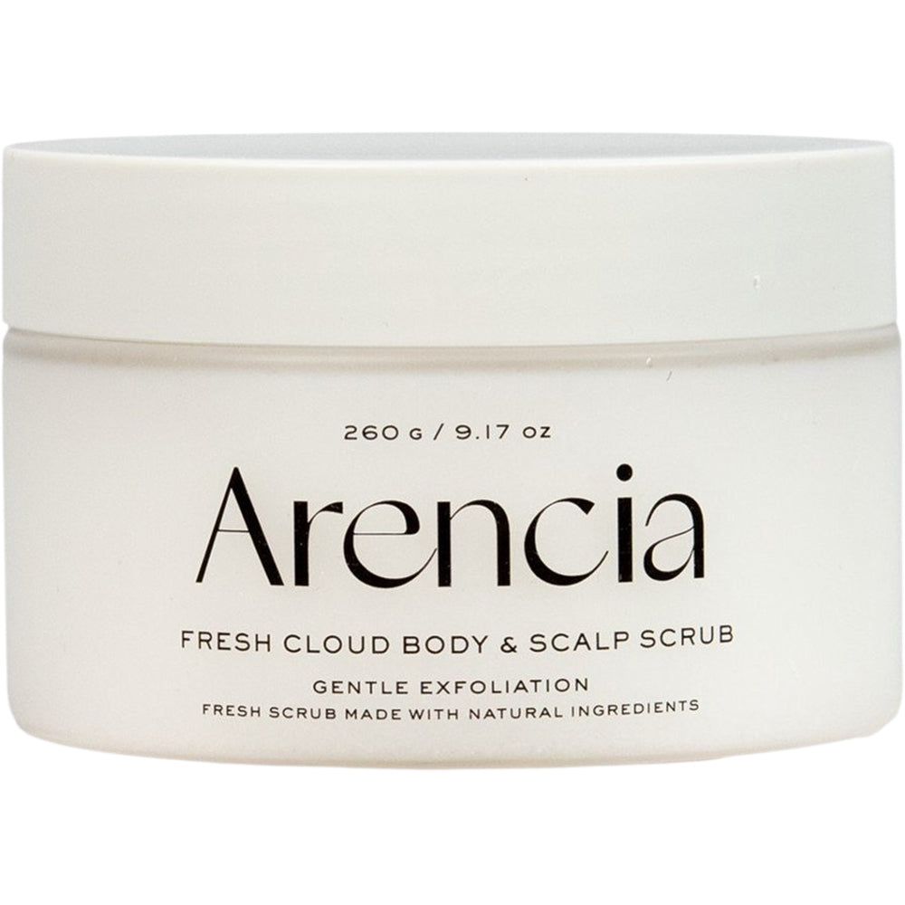 Witte pot met ARENCIA-opschrift, 260g / 9.17 oz. Lichaams- en hoofdhuidscrub.