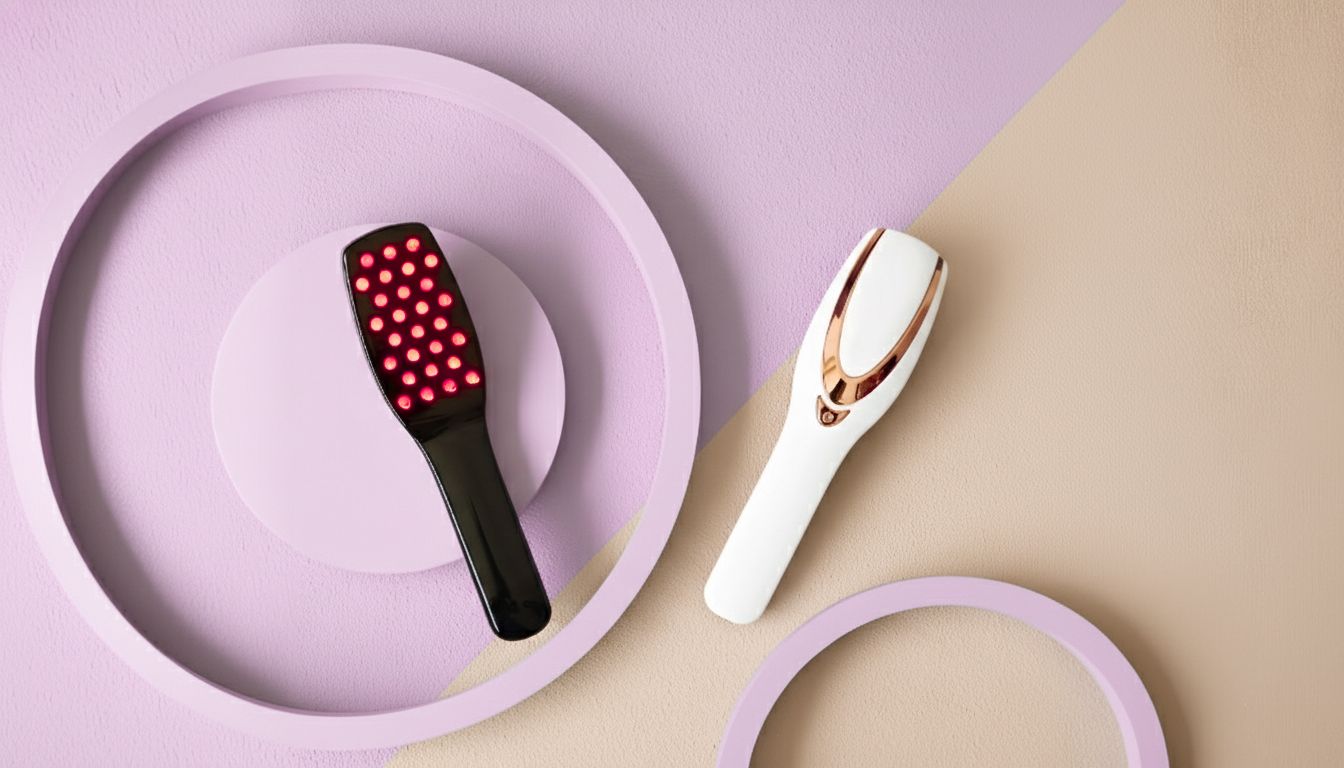 Deux appareils de brosse à cheveux. Un noir avec des lumières rouges, un blanc avec des accents dorés. Sur fond pastel.