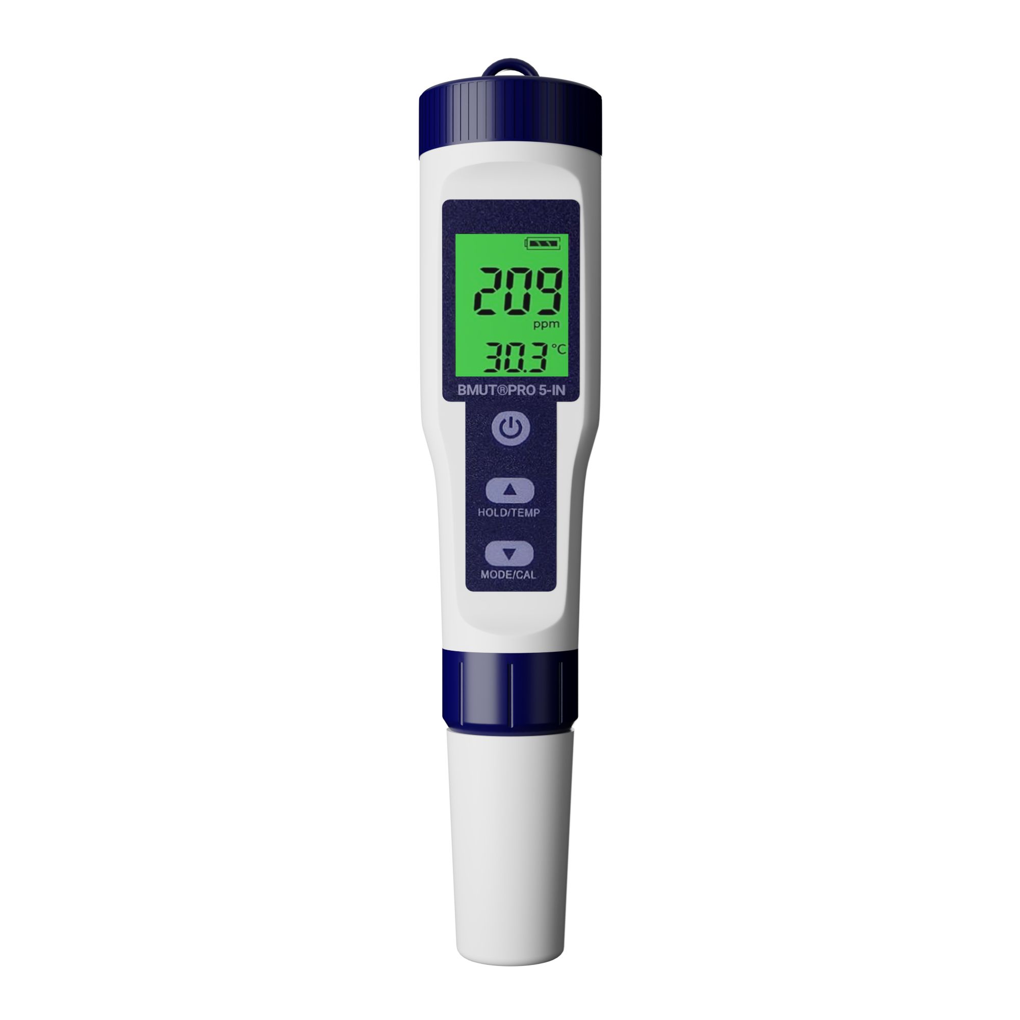BMUT 5-in-1 pH TDS meter. Wit-blauwe behuizing, display met metingen. Knoppen: Hold/Temp, Mode/Cal. Weergave van het meetbereik.