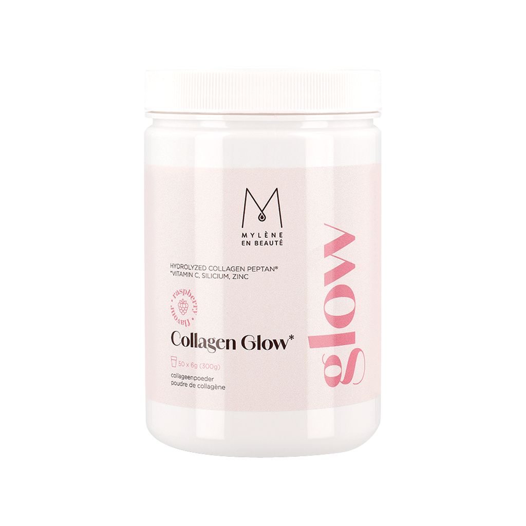 Witte pot met roze etiket. Opschrift: Collagen Glow, frambozensmaak.