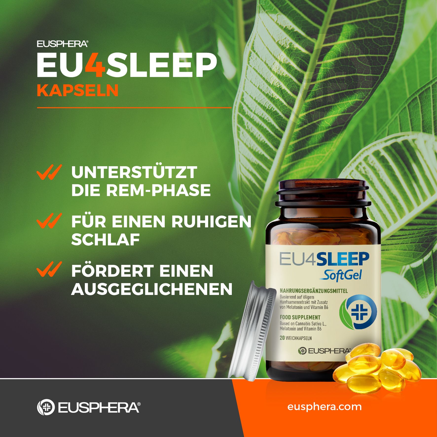 Flacon EU4SLEEP Capsules, couvercle ouvert, gélules à côté. Texte: Soutient la phase REM, pour un sommeil paisible.