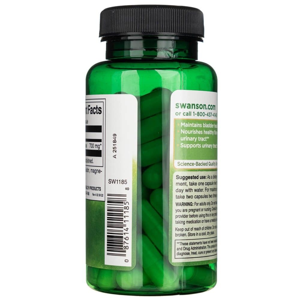 Côté de la bouteille Swanson D-Mannose 700 mg avec instructions d'utilisation et caractéristiques de qualité.