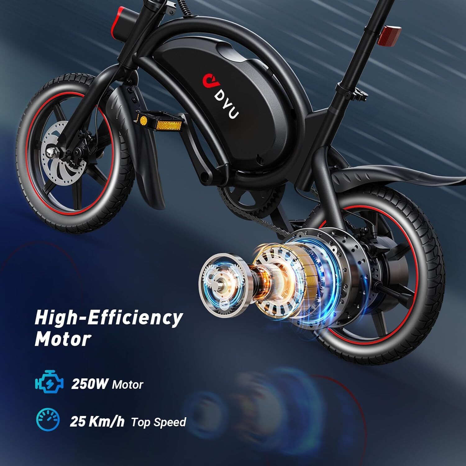 Zwarte e-bike met rode velgen. DYU-logo. 250W motor. Topsnelheid 25 Km/h.