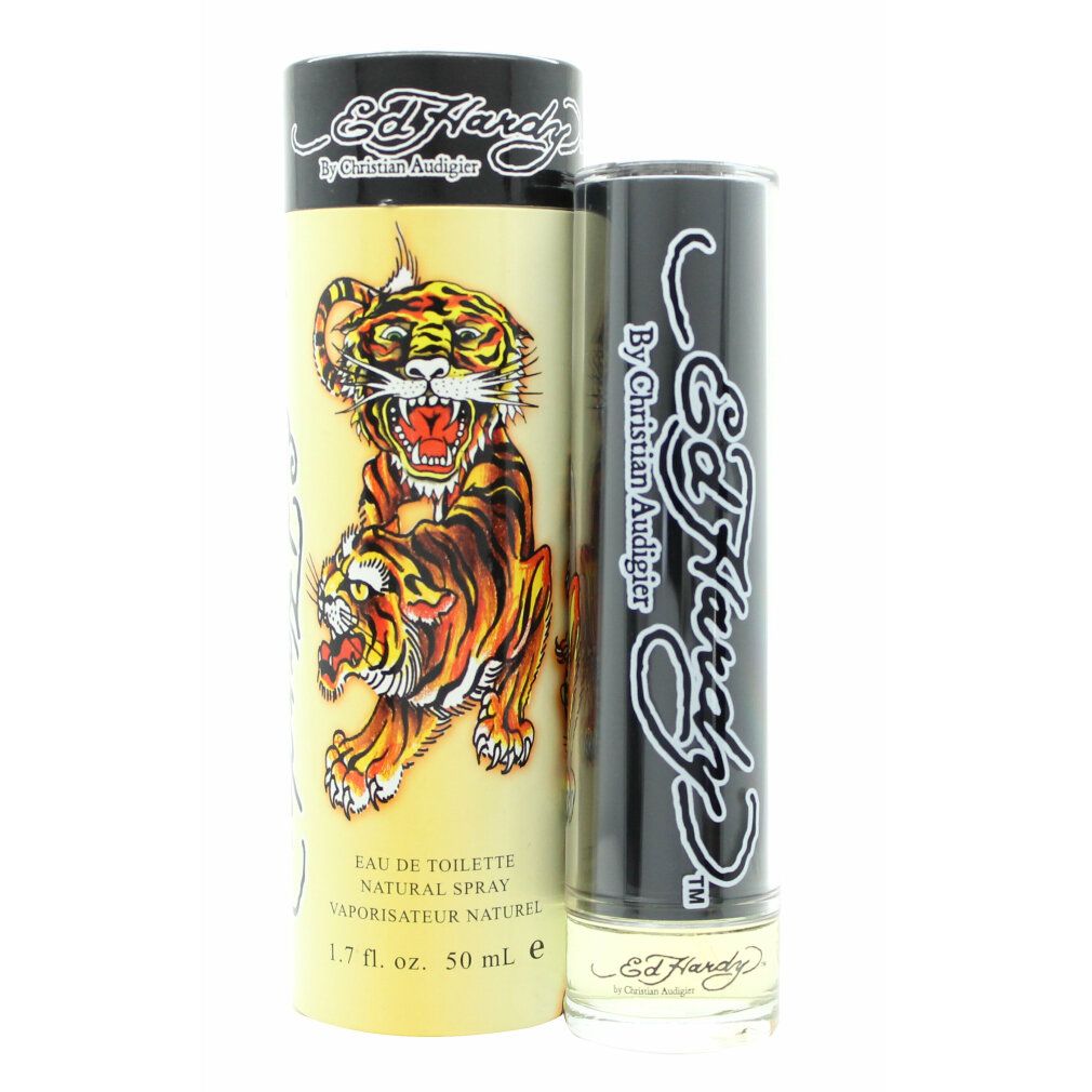 Flacon de parfum et emballage cylindrique. Bouchon noir avec logo. Emballage jaune avec illustration de tigre. Texte: Ed Hardy, Eau de Toilette.