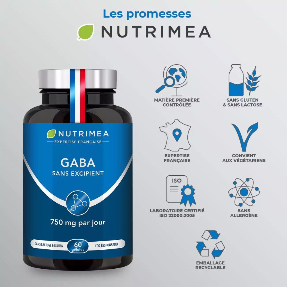 Flacon avec GABA, 750 mg, 60 gélules. Logos : sans gluten, végétarien, ISO, recyclable.