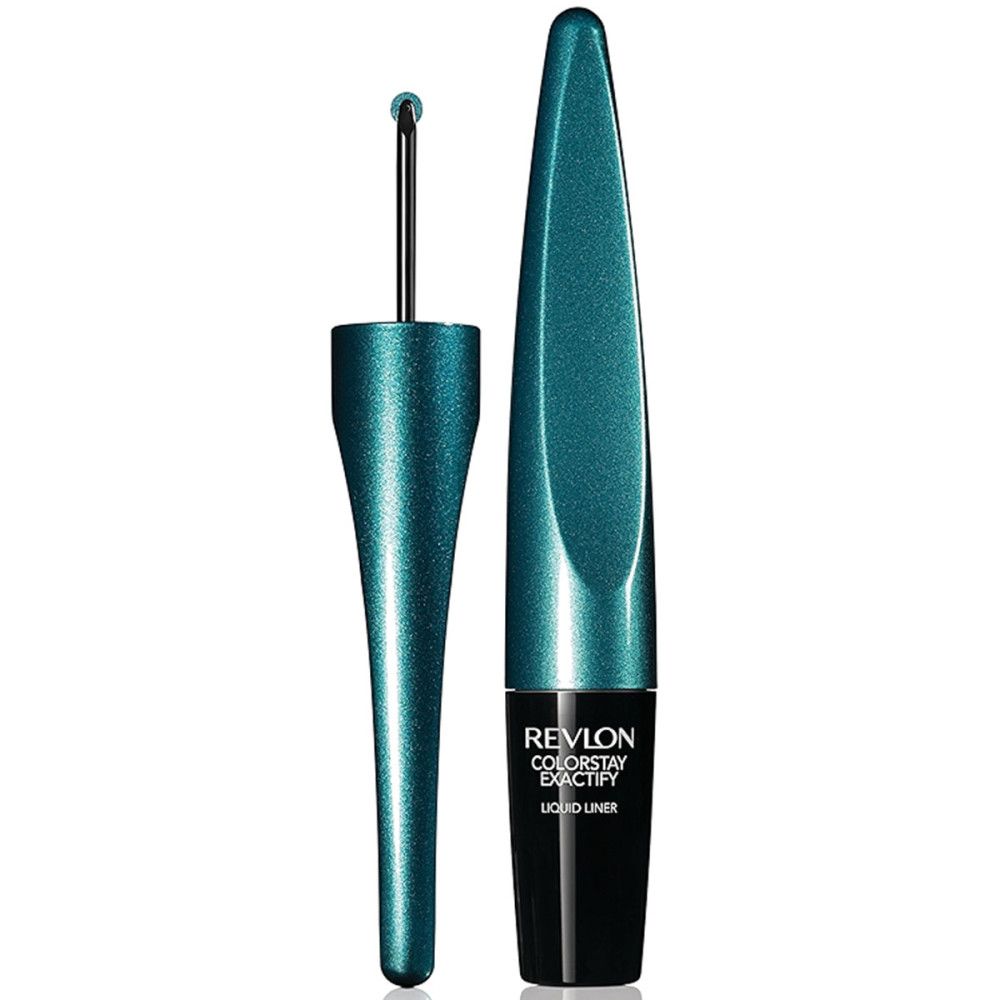Eyeliner Revlon Colorstay Exactify, bleu sarcelle, pointe noire. Texte noir. Sur fond blanc.