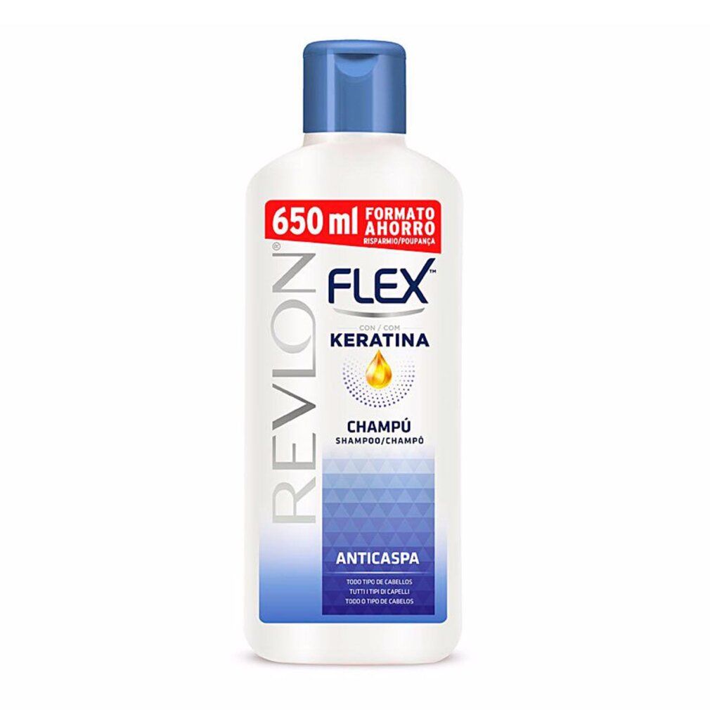 Witte shampoo met blauwe dop. Opschrift: Revlon Flex Keratina Champú Anticaspa. 650 ml.