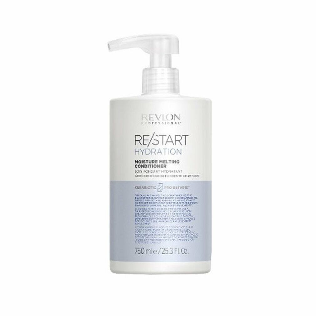 Witte conditionerfles met pomp. Opschrift: Revlon Professional, Re-Start Hydration, Moisture Melting Conditioner. Inhoud: 750 ml.