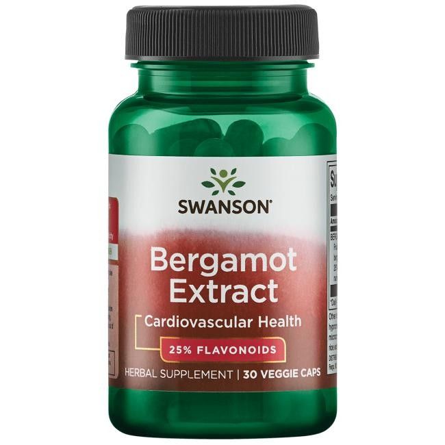 Flacon vert de Swanson Bergamot Extract. Inscription : Bergamot Extract, 25% Flavonoïdes, 30 gélules végétales. Pour la santé cardiovasculaire.