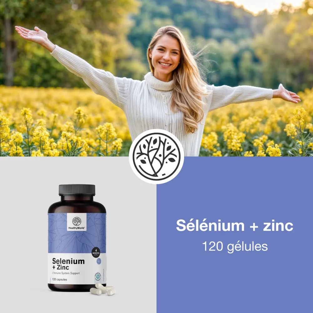 Femme dans un champ avec produit HealthyWorld. Flacon de Sélénium + zinc, 120 gélules.
