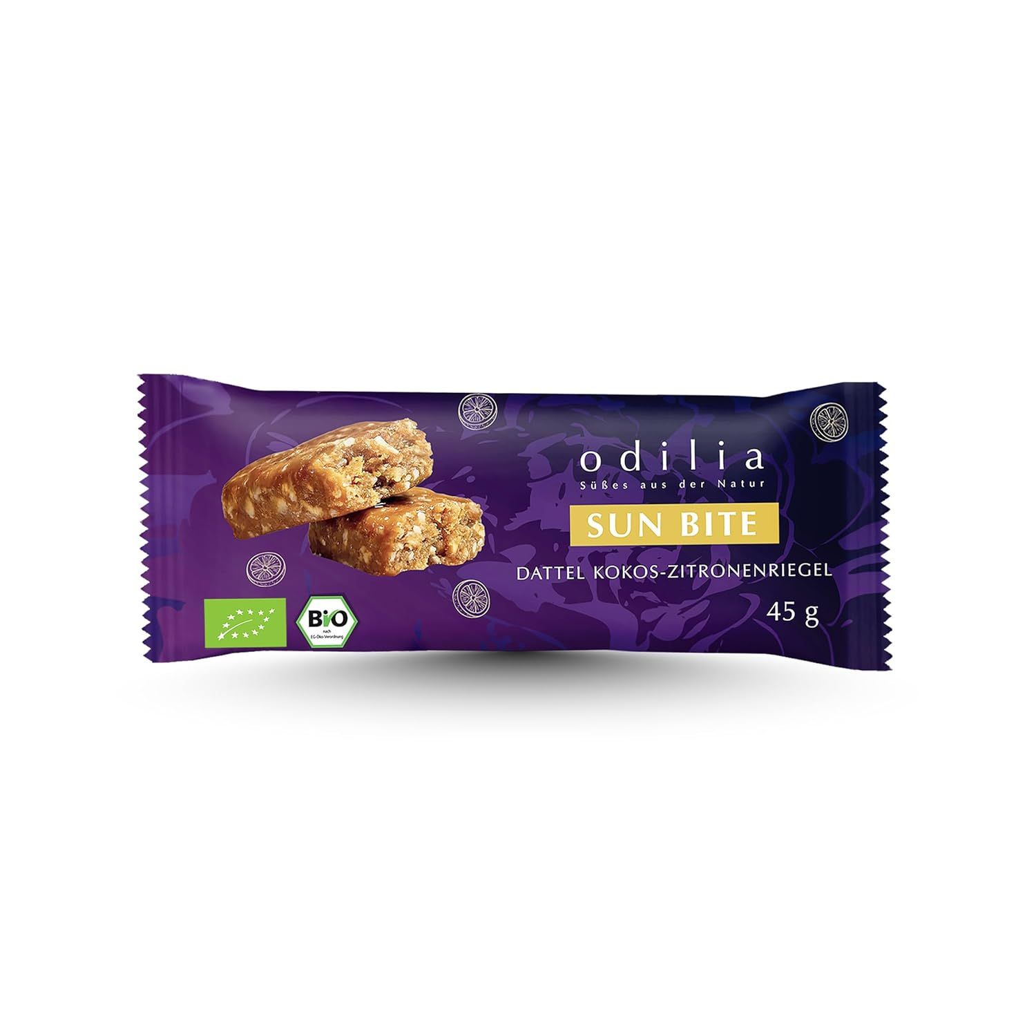 Barre Odilia Sun Bite: Dattes, noix de coco, citron, 45g. Logo Bio visible.