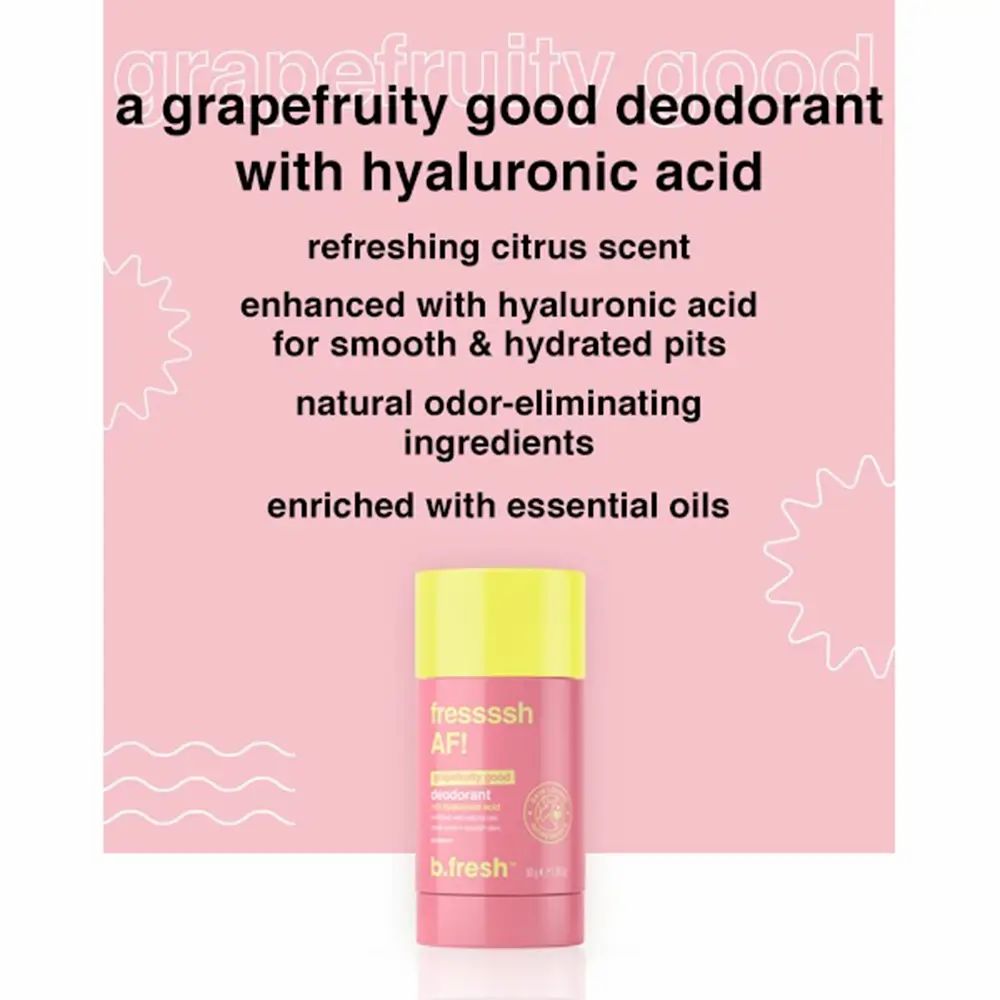 Fond rose avec texte : a grapefruit good deodorant with hyaluronic acid. Stick déodorant rose et jaune.