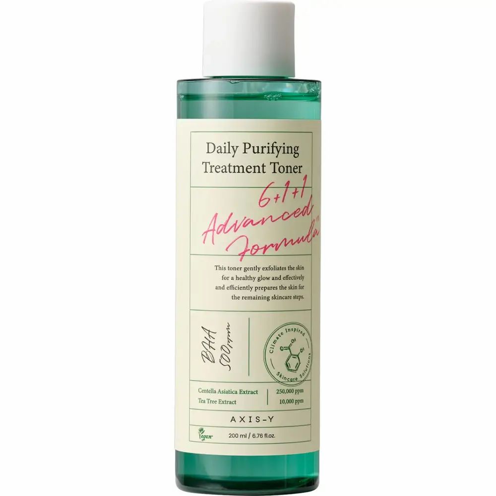 Een fles AXIS-Y Daily Purifying Treatment Toner. Opschrift: 6+1+1 Advanced Formula. 200 ml.