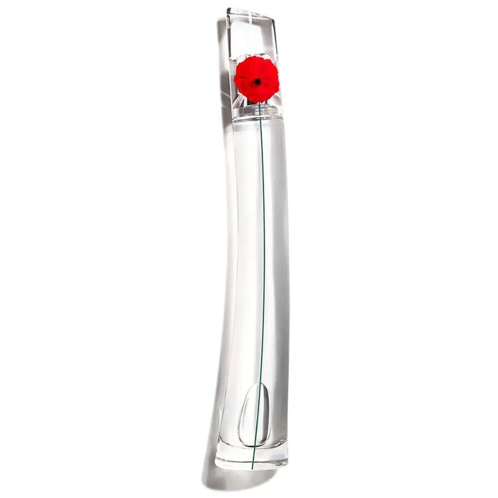 Flacon de parfum avec fleur rouge. Flacon transparent avec ligne verte. Une fleur rouge en haut.