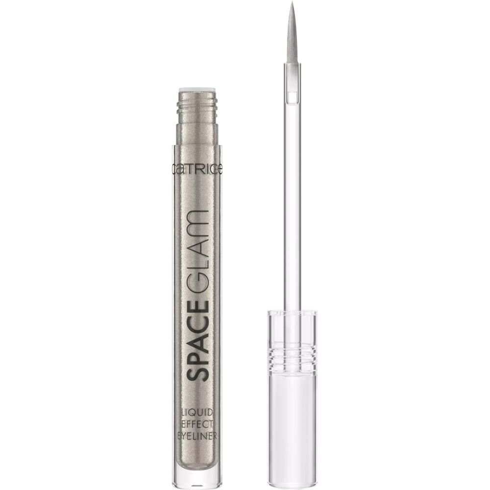 Eyeliner liquide Space Glam argenté. Flacon et applicateur visibles. L'applicateur est sorti.