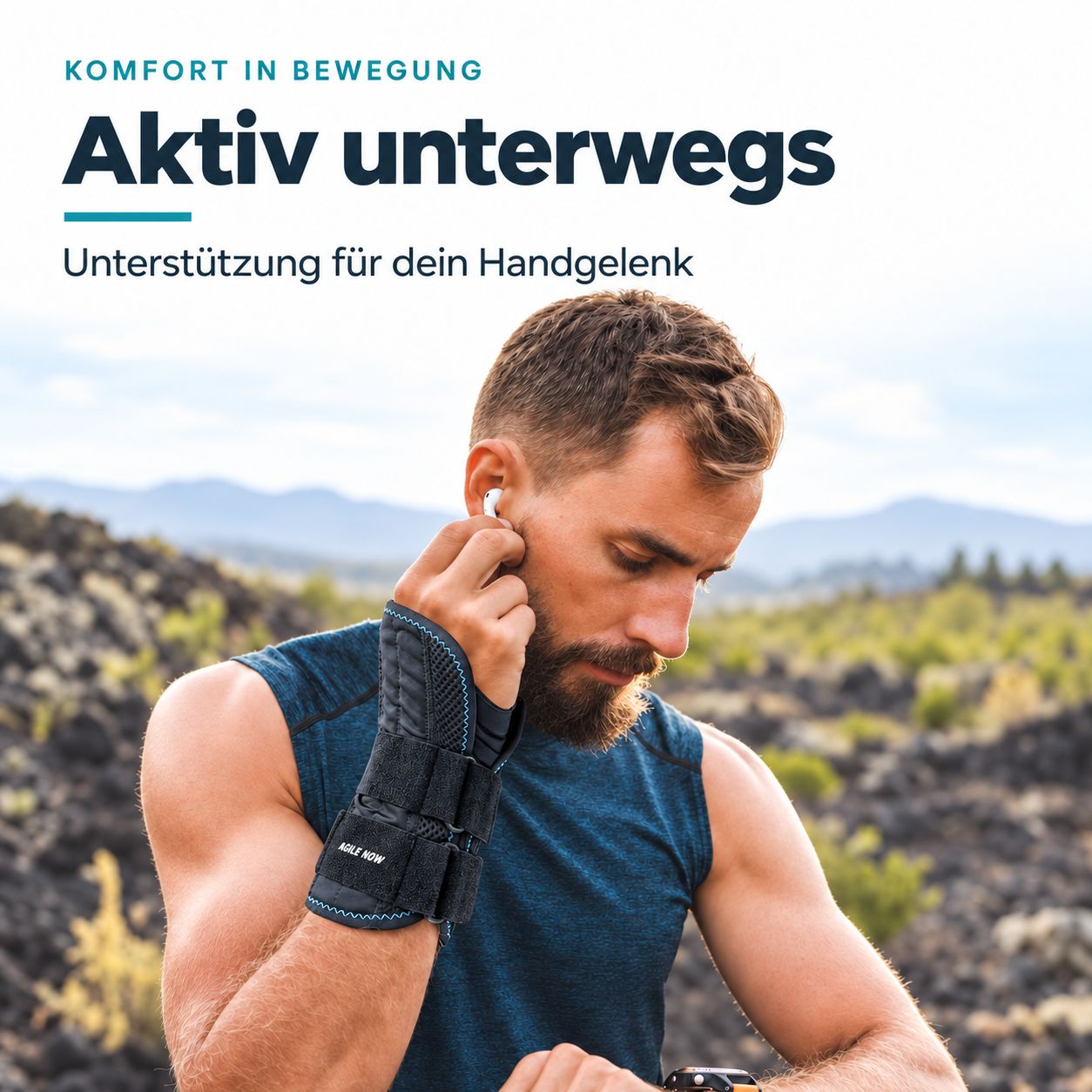 Man draagt polsbandage tijdens het rennen in rotsachtig landschap. Ondersteunt activiteit.