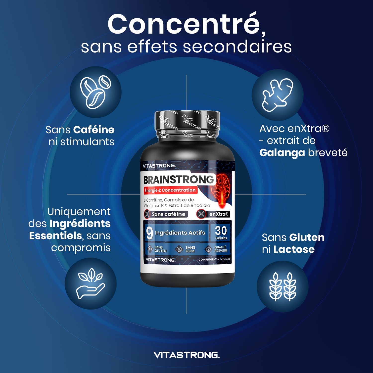 Vitastrong Brainstrong, 30 capsules. Fles met tekst: Brainstrong, 9 ingrediënten, zonder cafeïne. Zonder gluten en lactose.