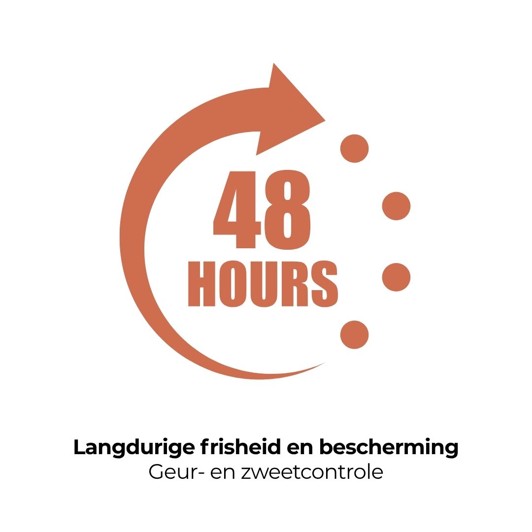 Symbool met pijl en tekst: 48 uur. Tekst: Langdurige frisheid en bescherming. Geur- en zweetcontrole.