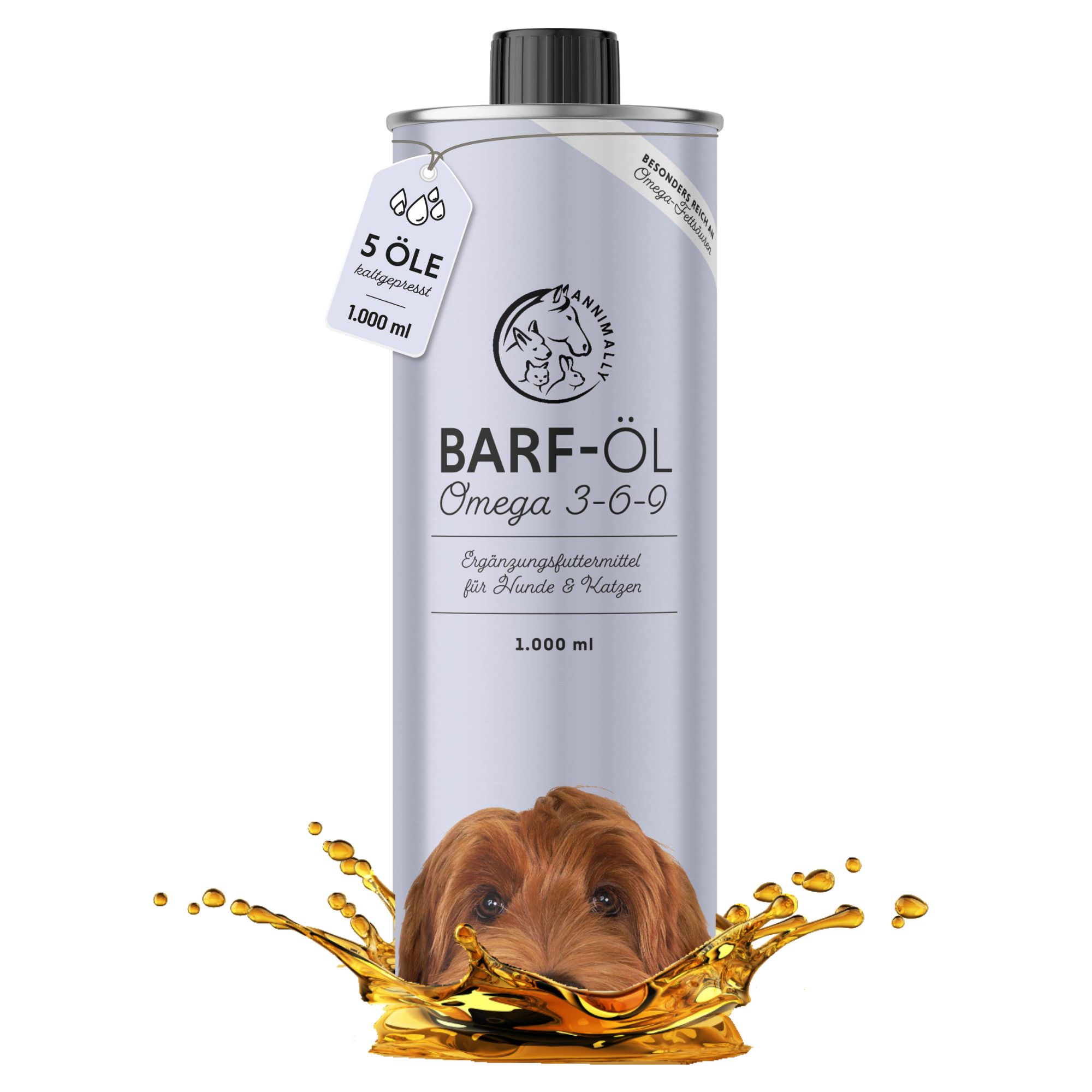Boîte cylindrique avec impression du produit. Contient BARF-Öl Omega 3-6-9. 1000 ml. Image de chien. 5 huiles. Étiquette.