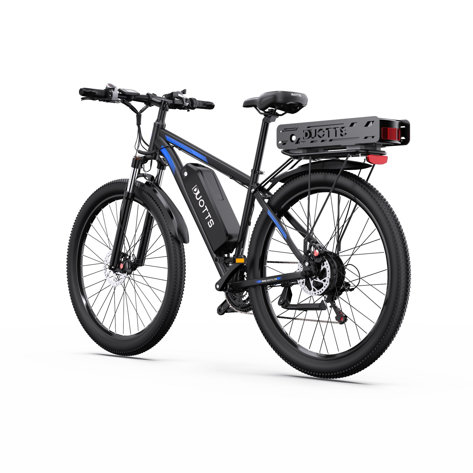 Zwarte e-bike met blauwe accenten. DUOTTS-logo, dubbele batterij, Shimano 21 versnellingen. Achteraanzicht, witte achtergrond.