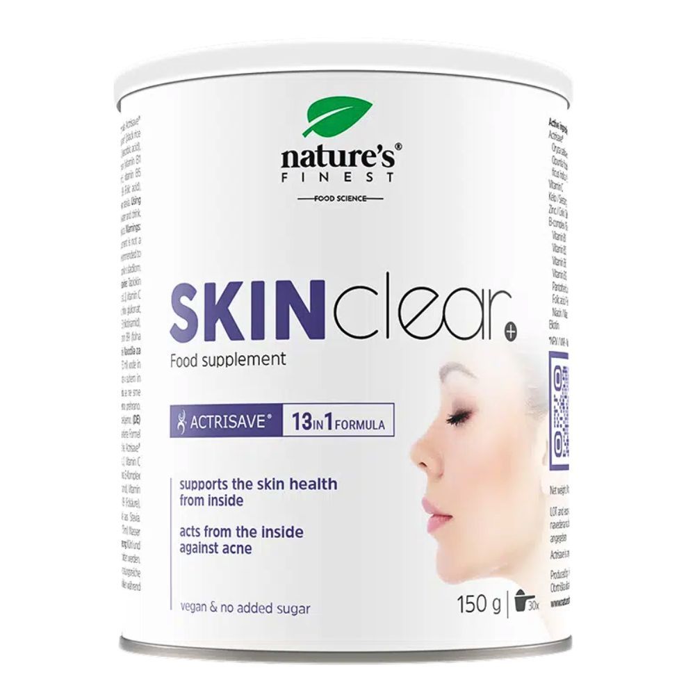 Boîte blanche SKINclear+ de complément alimentaire. Logo Nature's Finest. Texte: ACTRISAVE 13in1 FORMULA, 150g, vegan & sans sucre ajouté.