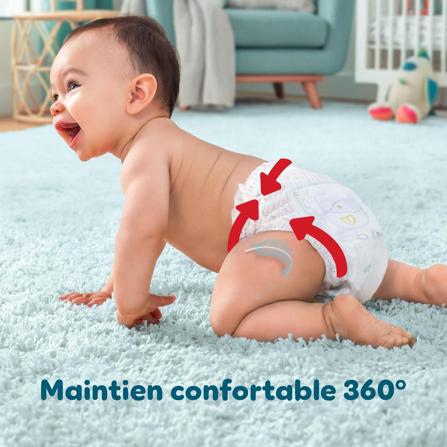 Bébé en couche sur tapis, flèches rouges pointant vers la couche.