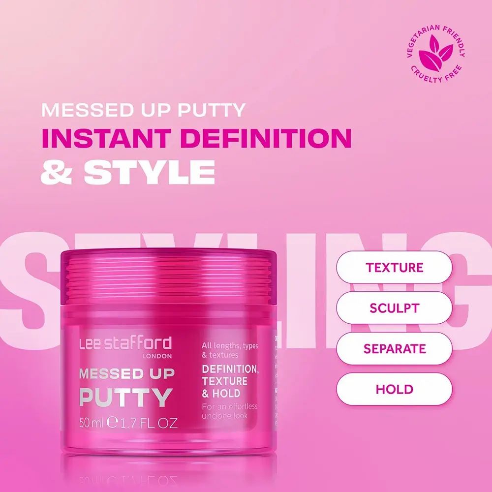 Roze pot "Messed Up Putty" van Lee Stafford. Tekst: Directe definitie & stijl. Vegan en dierproefvrij.