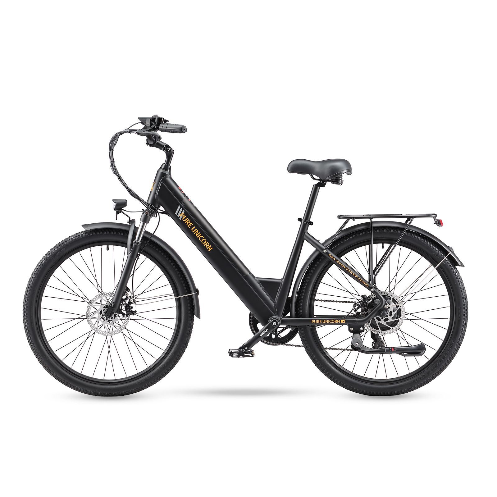 Vélo électrique noir avec lettrage jaune PURE UNICORN. Porte-bagages, garde-boue et freins à disque.