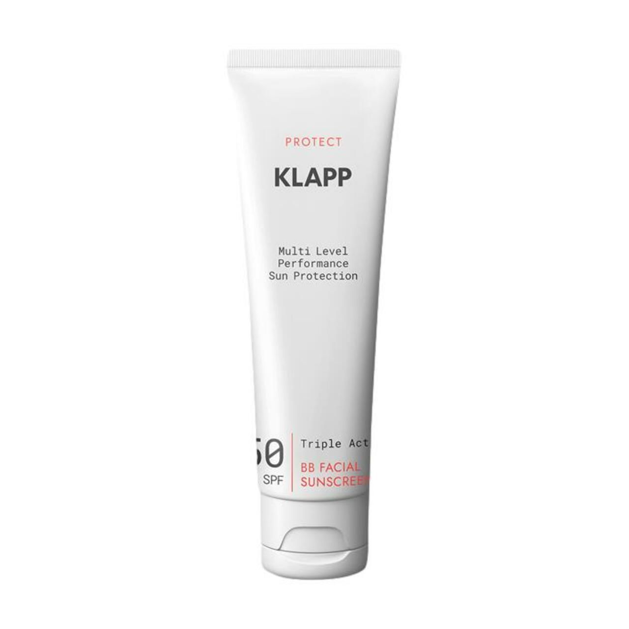 Tube blanche Klapp. Inscription: Multi Level Performance, BB 50 SPF, Triple Action Facial Sunscreen.