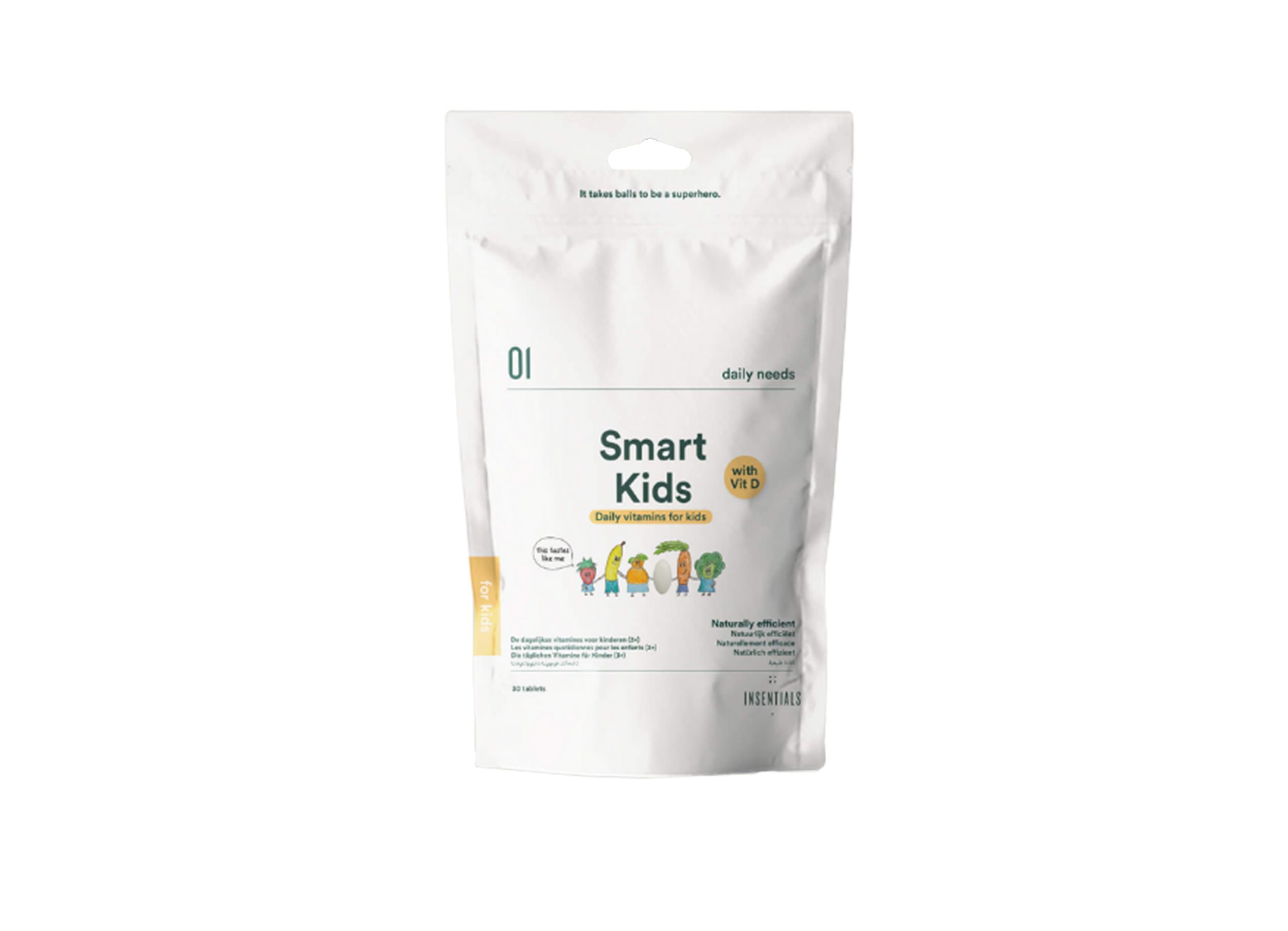 Sachet "Smart Kids". Contient des vitamines. Inscriptions : "daily needs", illustrations de personnages.