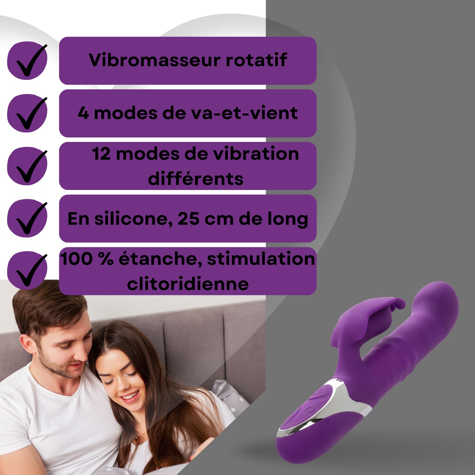 Vibrateur violet avec texte. Texte: 12 modes de vibration avec stimulation clitoridienne.