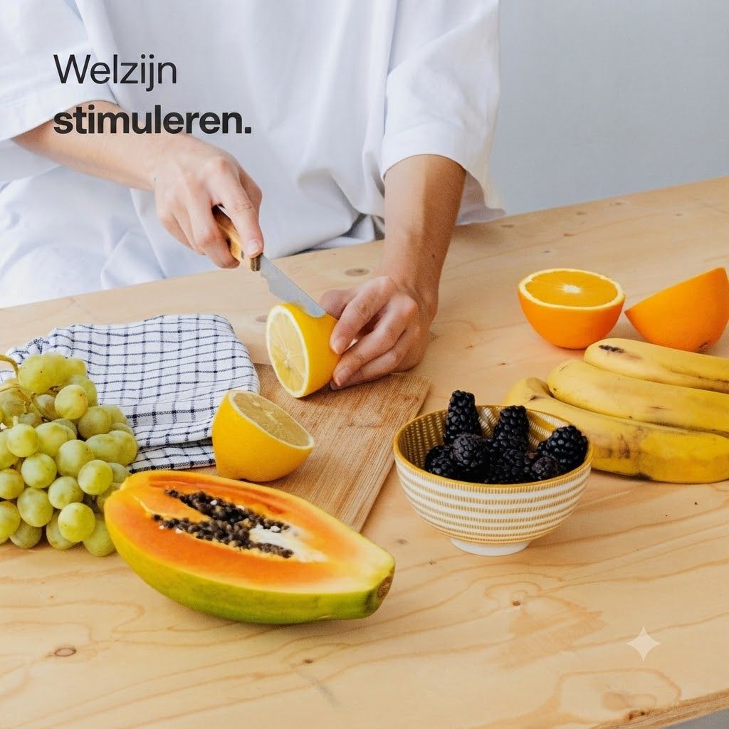 Vers fruit zoals druiven, bessen, bananen, citroen en sinaasappel op een houten tafel.