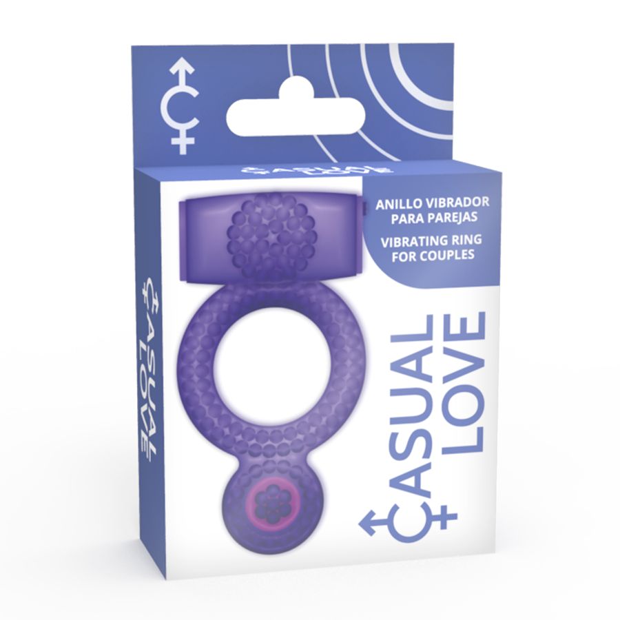 Emballage d'un anneau pénien vibrant violet. Nom du produit "Casual Love" et texte "Vibrating Ring for Couples".