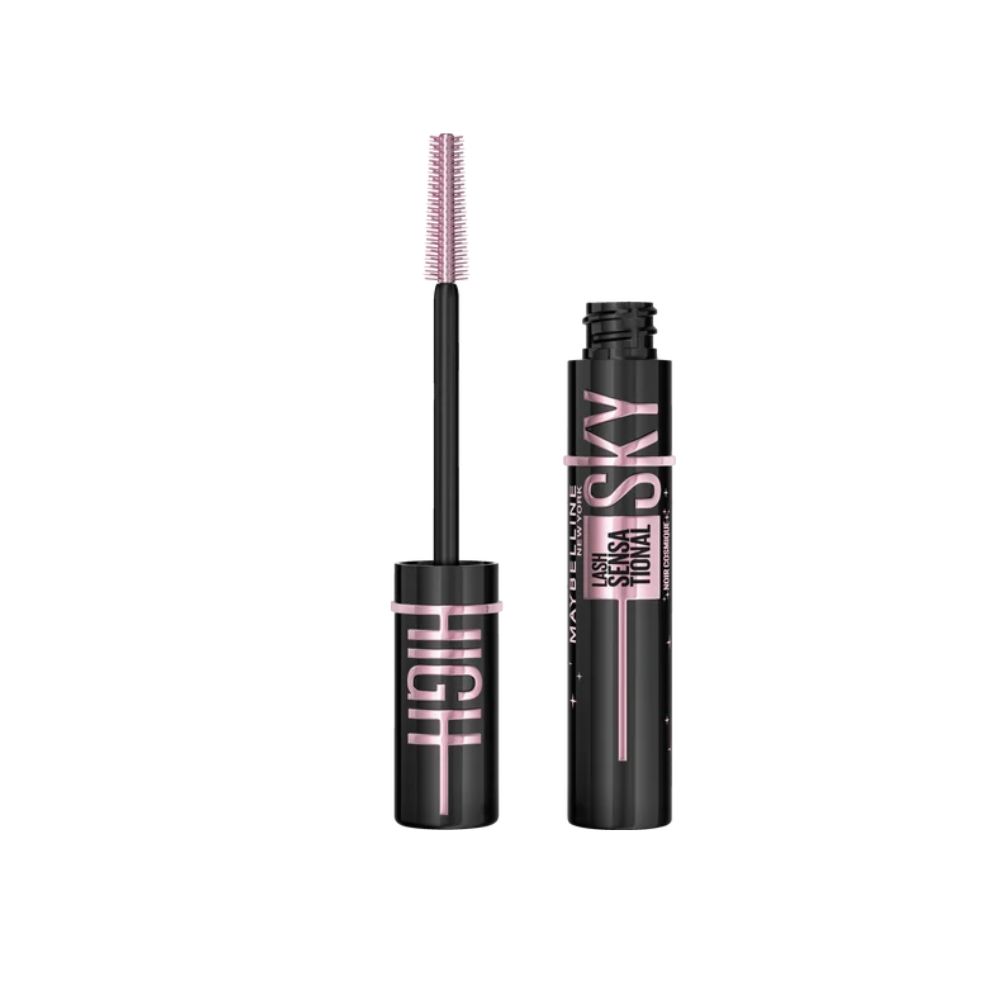 Mascara Maybelline Sky High noir, debout, avec brosse rose.