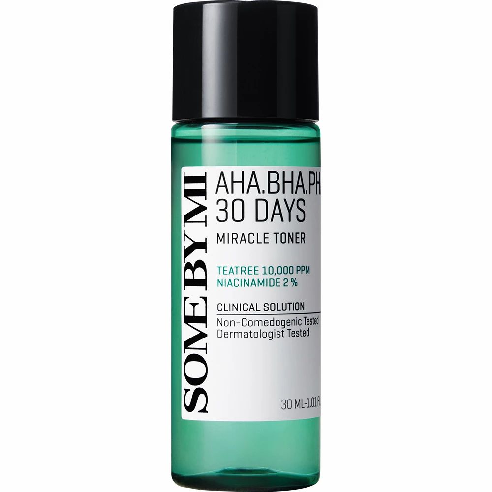 Flacon vert avec bouchon noir. Inscription AHA.BHA.PHA 30 DAYS MIRACLE TONER et SOME BY MI.