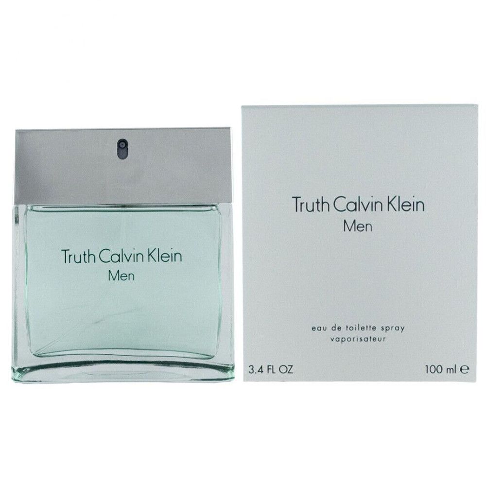 Truth Calvin Klein Men Eau de Toilette Spray. Flacon et emballage. Flacon rectangulaire avec bouchon argenté. Emballage blanc.