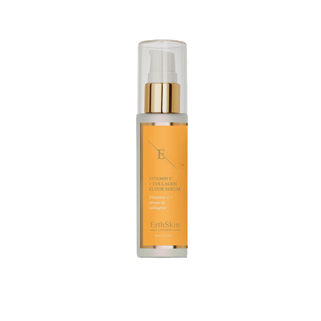 Serumfles. Opschrift: VITAMIN C + KOLLAGEN ELIXIR SERUM, ErthSkin London.