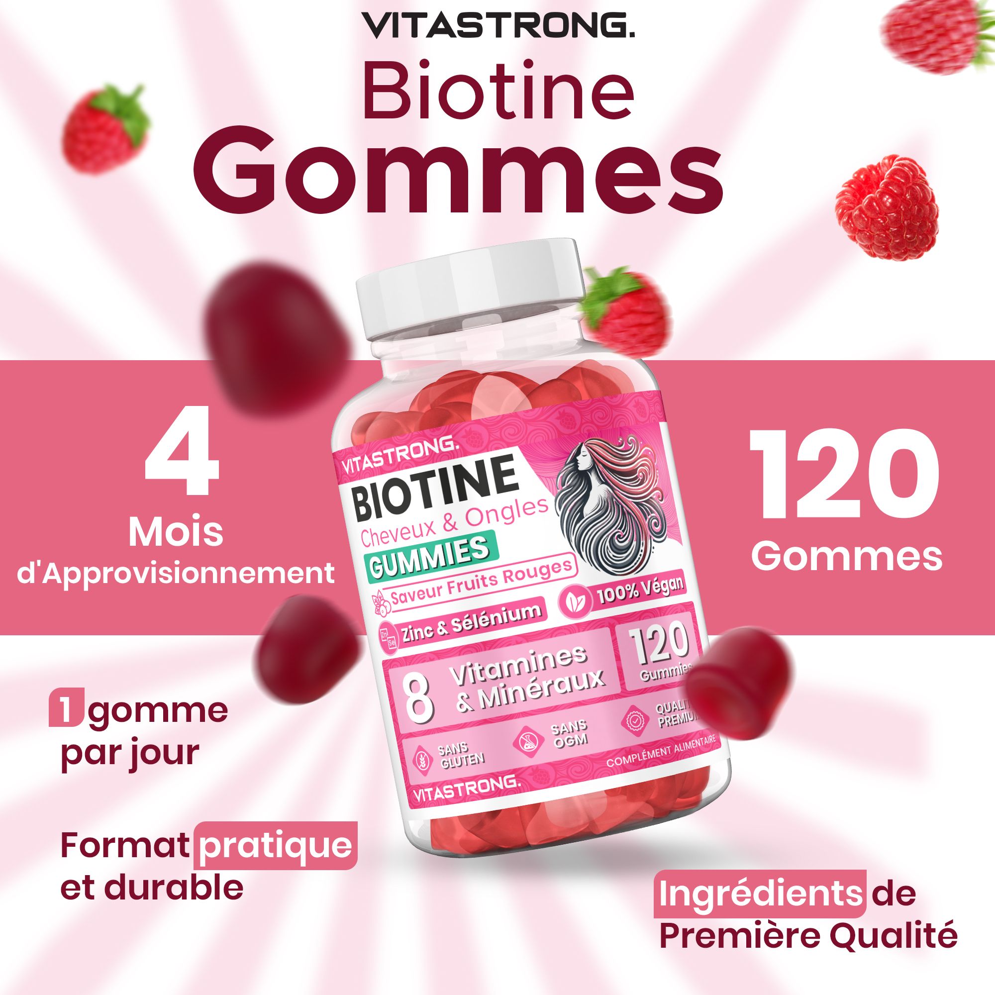 Pot met gummies. Tekst: Biotine Gummies, 120 gummies, 8 vitaminen & mineralen. 4 maanden voorraad. 1 gummy per dag.