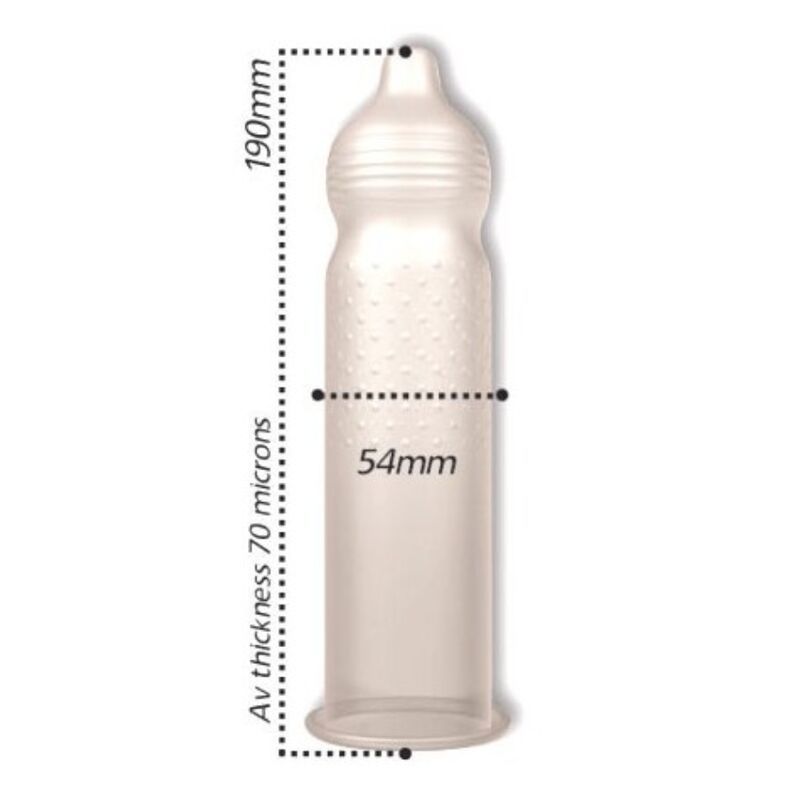 Préservatif texturé. Longueur 190mm, largeur 54mm. Avec nervures et points. Matériau transparent.