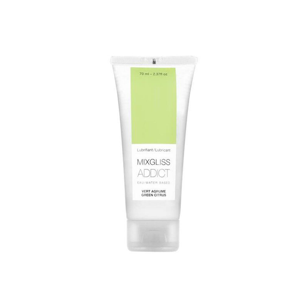 Tube avec étiquette verte, Mixgliss Addict, lubrifiant à base d'eau, parfum agrume.