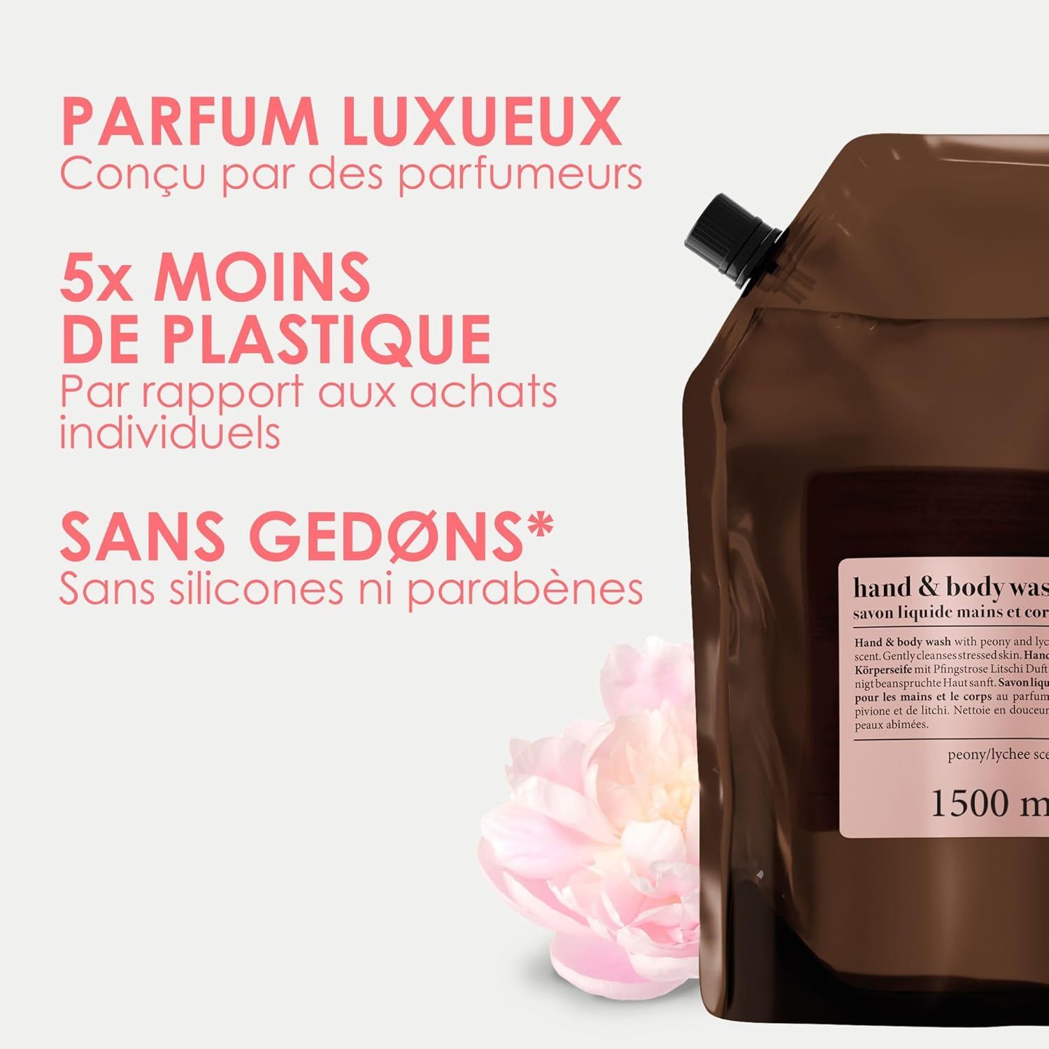 Pochette de recharge pour savon mains et corps, 1500 ml, parfumée à la pivoine et au litchi.